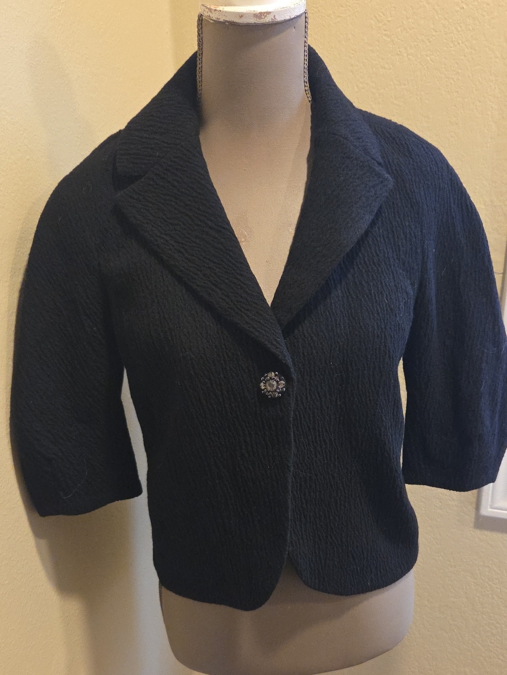 Ann Taylor Black Cropped Textured Blazer with Decorative Button